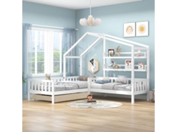 Cama Infantil Cama Da Casa Com Gavetas E Prateleiras, Madeira Maciça Com Cerca E Base Em Ripas, Estrutura Em L, Branca (90x200 Cm+140x70cm) Cs