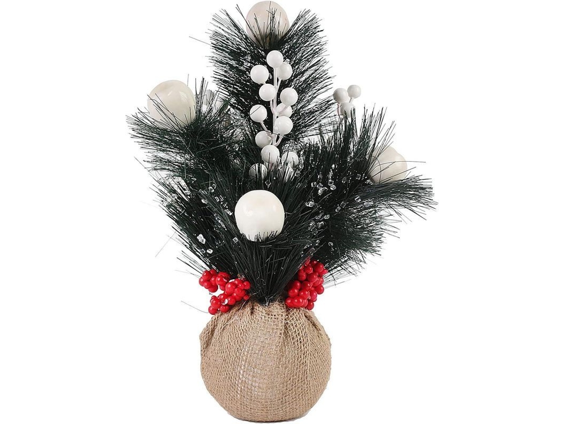 Árbol De Navidad Artificial Mini 30cm Con Agujas De Pino Y Frutos Blancos En Bolsa De Tela