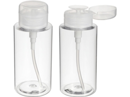 Frascos de 300ml com bomba dosadora, leves e práticos, embalagem com 2 unidades, plástico reutilizável.