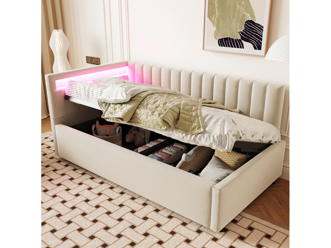 Sofá Cama 90x200 Com Led, Armário Hidráulico, Samt Bege Listras Verticais