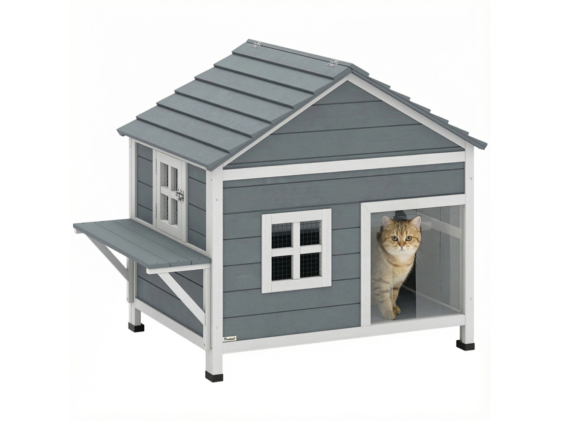 Casinha de Gato de Madeira de 2 Andares com Telhado Dobradiçado À Prova D'água. Plataforma Lateral. 101x72,5x81cm. Cinza Ge