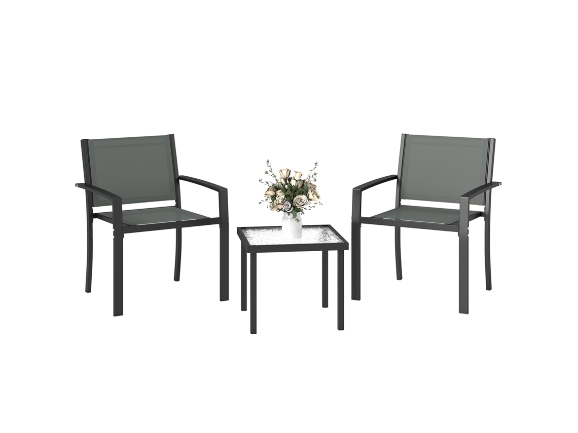 Conjunto Exterior 3 Peças com 2 Cadeiras em Textilene e Mesa com Tampo de Vidro, Cinzento Claro LAMAISON