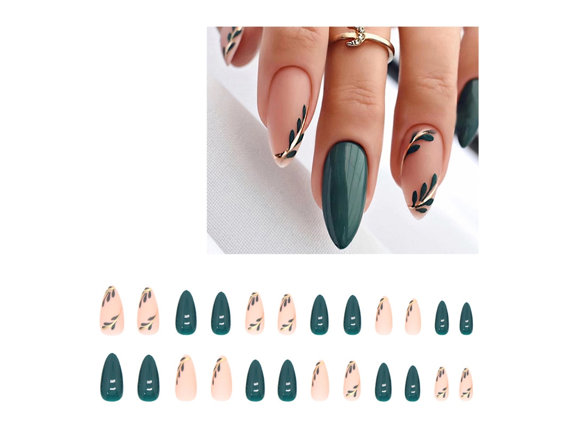 Tips para Unhas em Estilo Francês Vintage Modelo W257 com Cola para Unhas de Chá Verde AURUM
