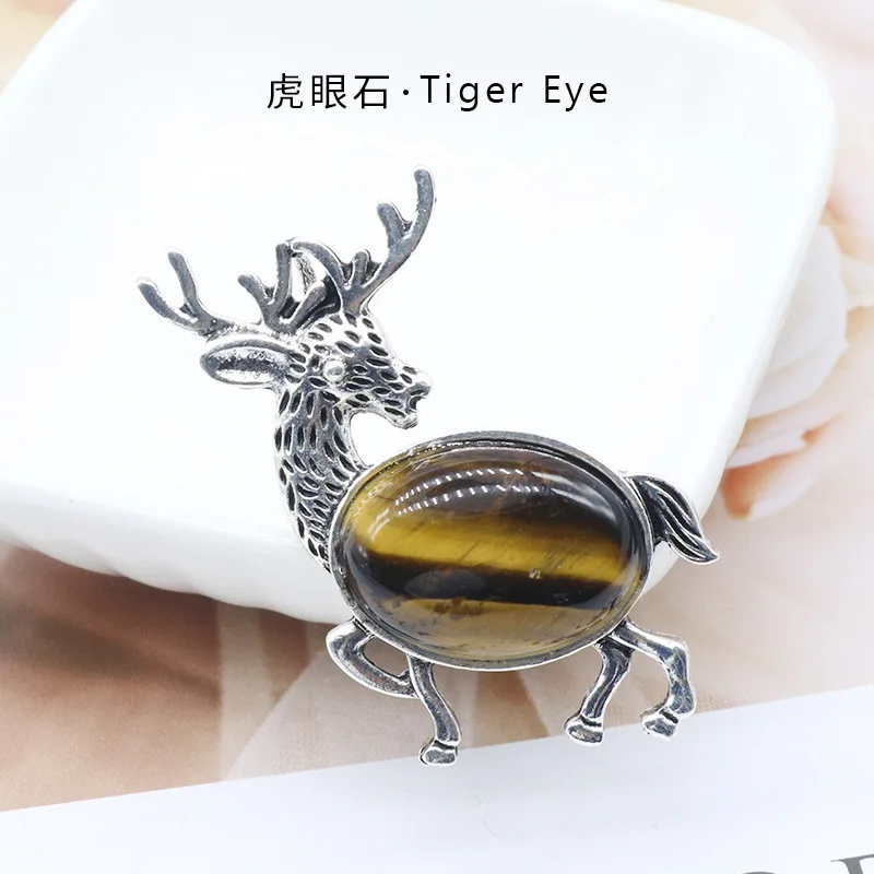 Colar Com Pingente De Veado Vintage (olho De Tigre), Broche De Concha Com Pedra Preciosa Natural.