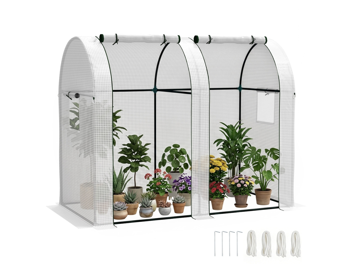 Estufa De Jardim 1,8 M² Serre À Tomates 2 Portes Zippées Déroulantes 4 Fenêtres Enroulables Acier Pe 135 G/m² Blanc