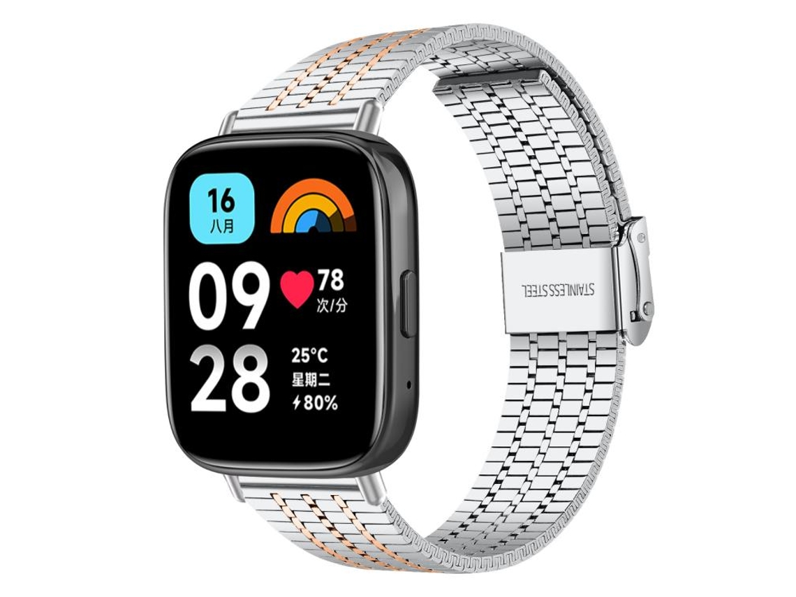 Bracelete Para Redmi Watch 3 Active / Lite - Aço Inoxidável - Fivela Sete Contas Prata E Ouro Rosa