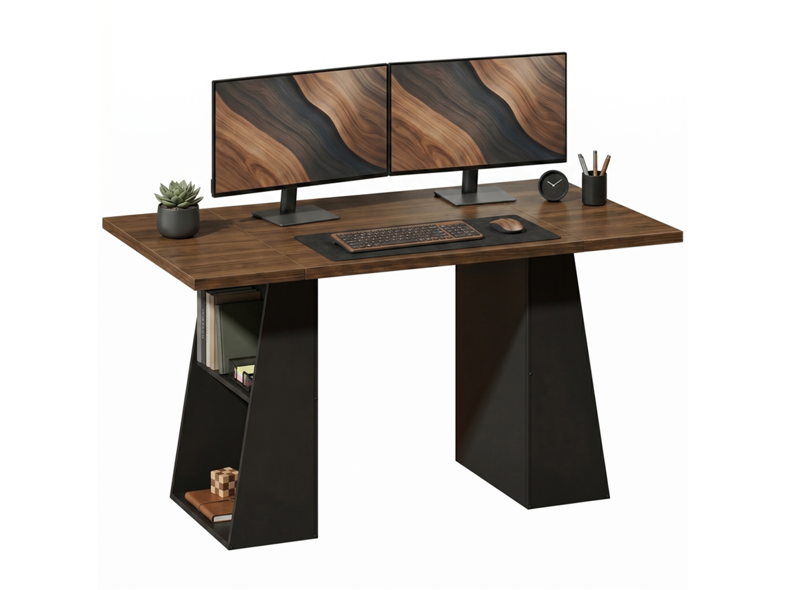 Secretária De Estilo Industrial 140 Cm Com Quatro Nichos Abertos, Cor Castanho E Preto