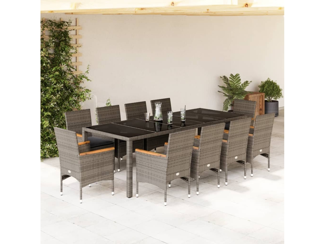 11 Pcs Conjunto Jantar Jardim C/ Almofadões Vime Pe/vidro Cinza Dkd Home Decor
