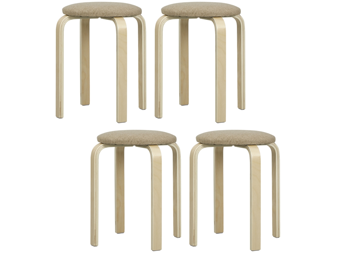 Conjunto De 4 Bancos Empilháveis Madeira Contraplacada E Poliéster Cor Cáqui Ø40x45 Cm Homcom