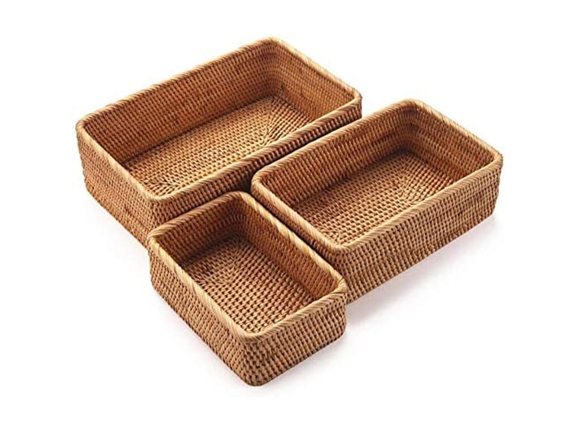 Cesto De Rattan Retangular, Cesto De Frutas De Vime, Organizador Natural Para Cozinha/sala De Jantar (conjunto De 3)