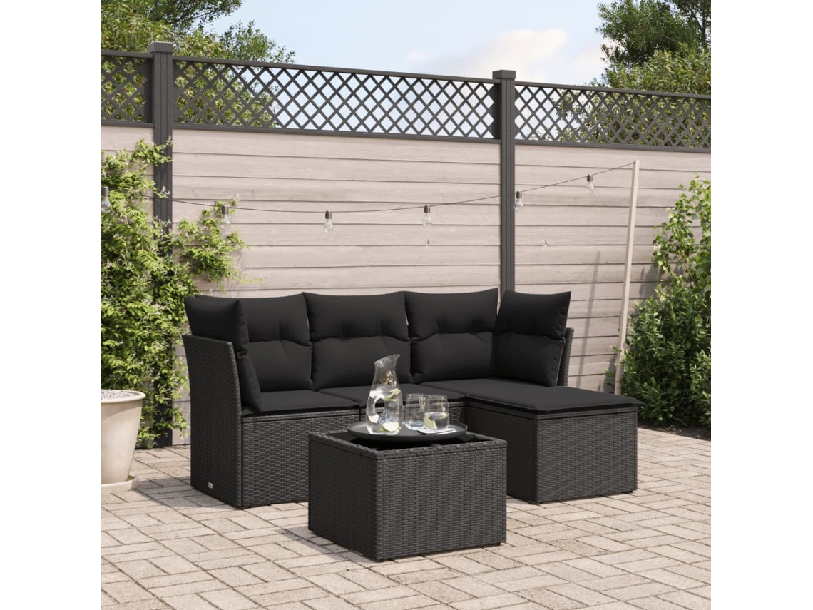 Vidaxl 5 Pcs Conjunto Sofás de Jardim com Almofadões Vime Pe Preto