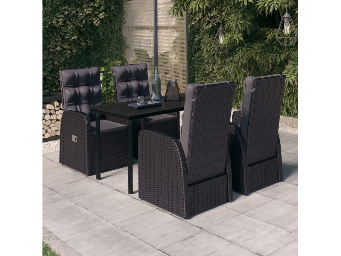 Vidaxl 5 Pcs Conjunto De Jantar P/ Jardim C/ Almofadões Preto