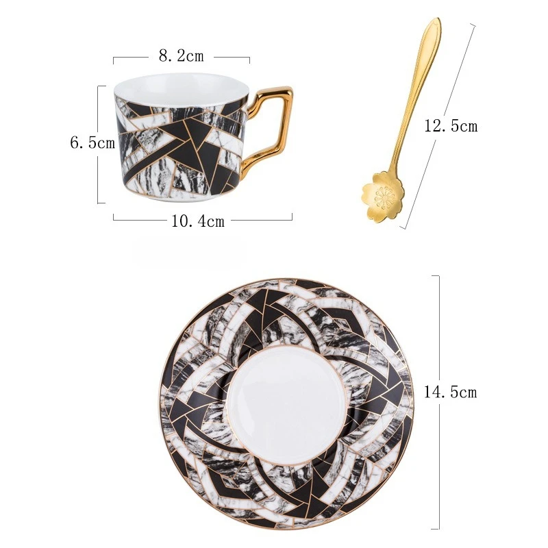 Caneca de Café de Cerâmica Dourada Pintada À Mão, Estilo Nórdico de Luxo , com Bandeja, Padrão Mármore. MDUG (preta, 270 Ml)