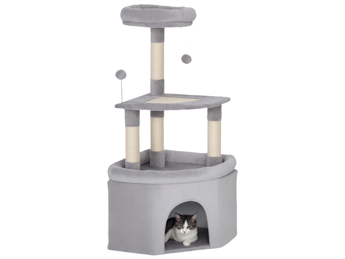 Árvore Para Gatos, Torre De Atividades Com Postes De Sisal Para Arranhar, Plataforma, Esconderijo, Tecido Macio, Bolas, 49x49x114cm Cinza Claro