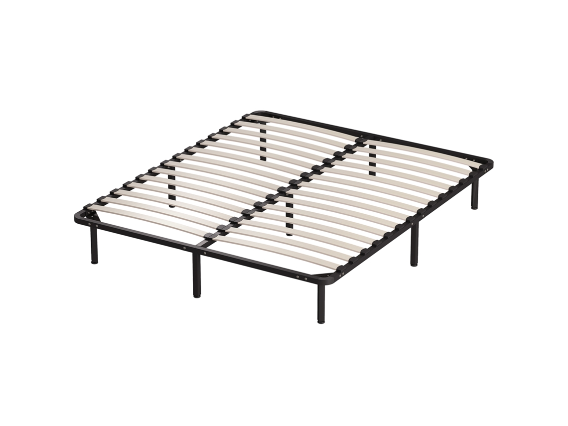 Estrutura De Cama 160 X 190 Cm, Cama De Casal Em Madeira Maciça Com Estrado De Ripas E Pés, Espaço De Arrumação Por Baixo, Preta.