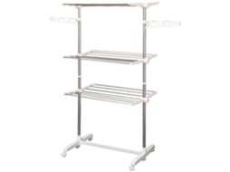 Estendal Para Roupa Dobrável 80x55x152cm Com 6 Rodas E 3 Prateleiras Com Altura Ajustável De Aço Inoxidável Prateado