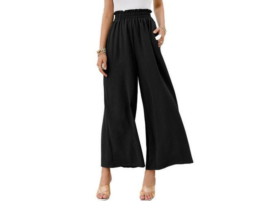 Calça Boho Feminina Cintura Alta 2026, Longa e Fluida, em Poliéster, Tamanho XL, Preta