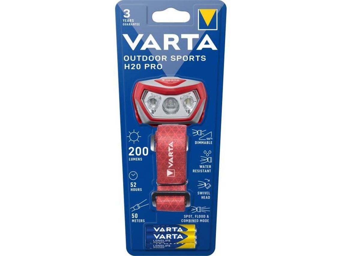 Frontal-VARTA-Outdoor Sports H20 Pro-200Lm-Regulável-Ipx4-Led Vermelho-3 Modos de Luz-Luz Branca e Vermelha-3 Pilhas Aaa Incluídas