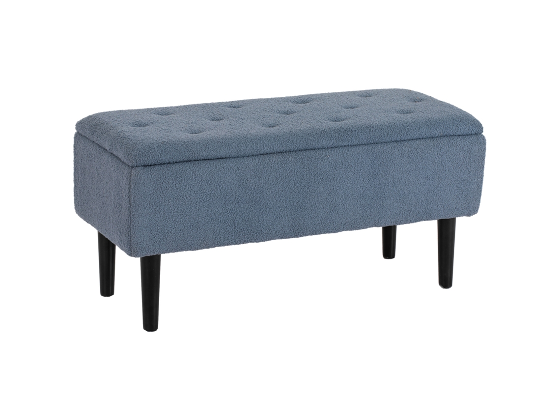 Banco acolchoado com compartimento, baú de assento, efeito cashmere, até 120kg, madeira natural, 95x38x45cm, azul