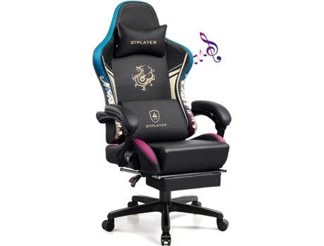 Cadeira GTPLAYER Ergonómica para Jogos com Bluetooth e Apoio de Cabeça Reclinável para os Pés e Almofada Lombar para Trabalho e Lazer Preto