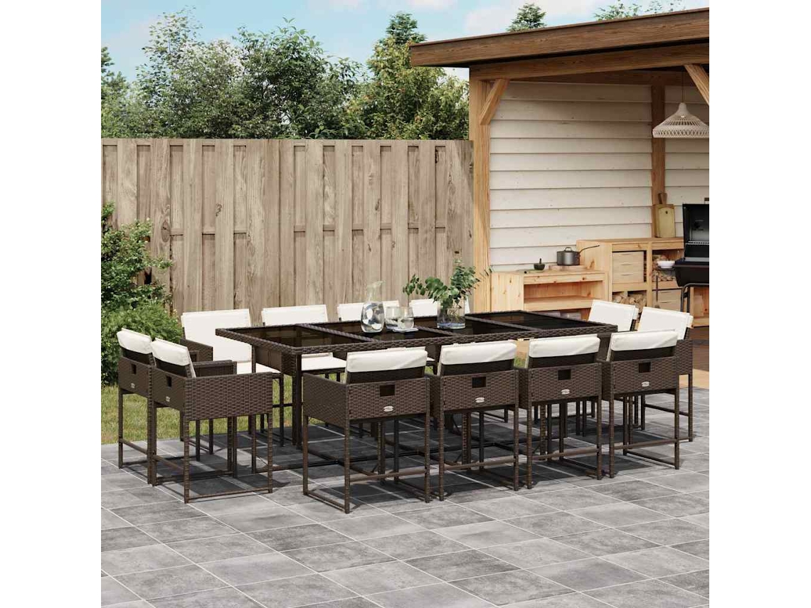 Vidaxl 13 Pcs Conjunto Jantar P/ Jardim C/ Almofadões Vime Pe Castanho