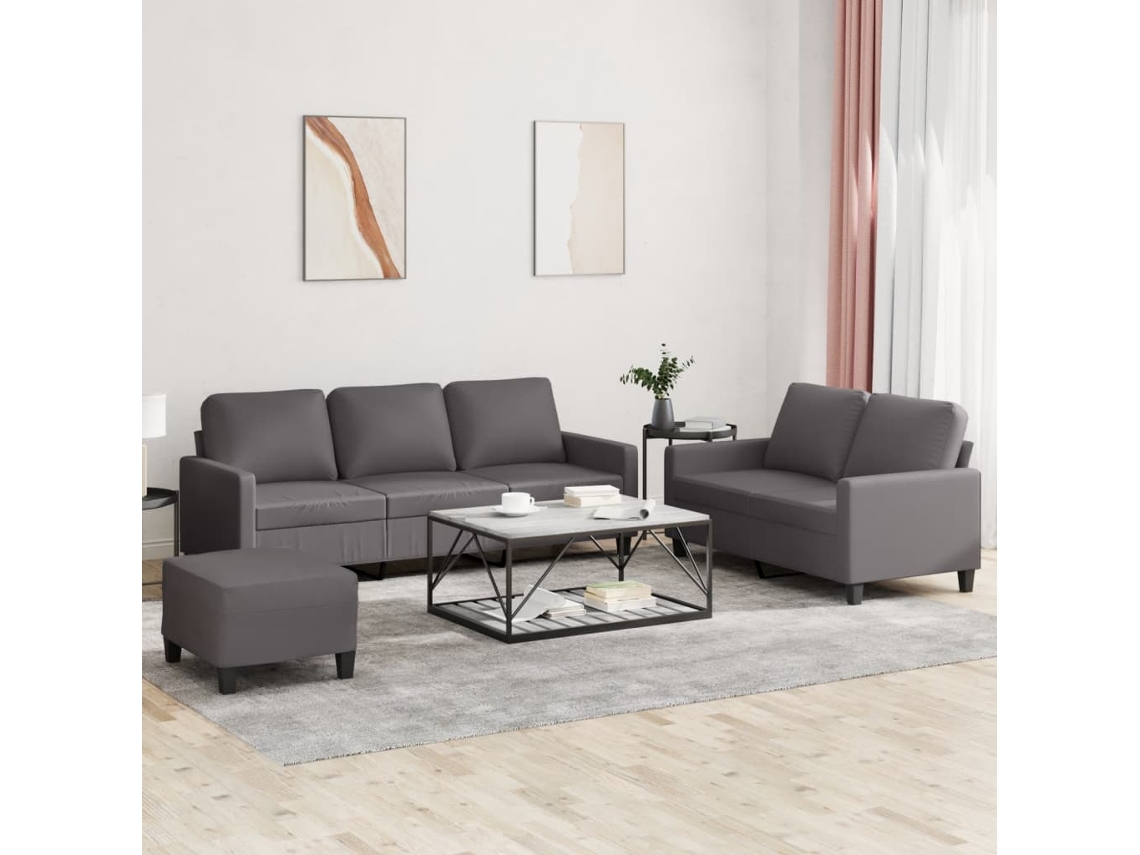 Vidaxl 3 Pcs Conjunto De Sofás C/ Almofadões Couro Artificial Cinzento