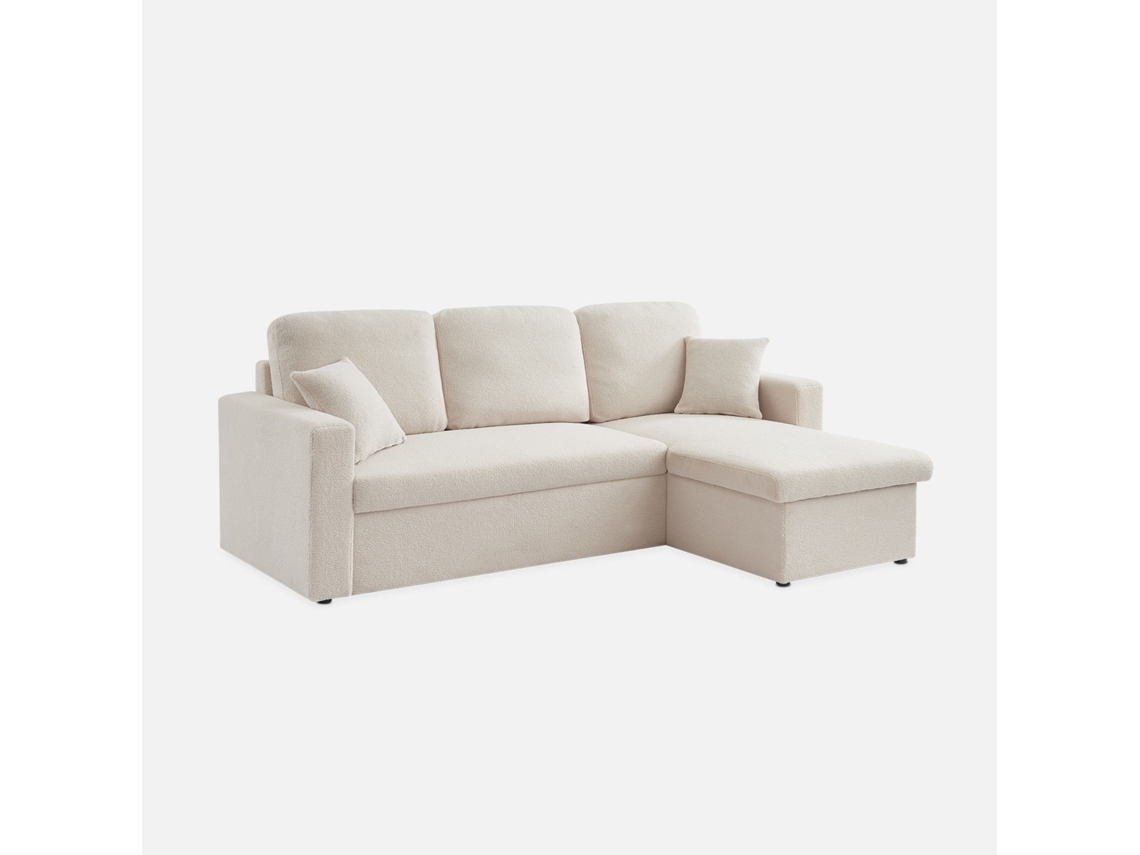 Sofá-cama De Canto Convertível Em Tecido Boucle, 3 Lugares E Baú, Creme