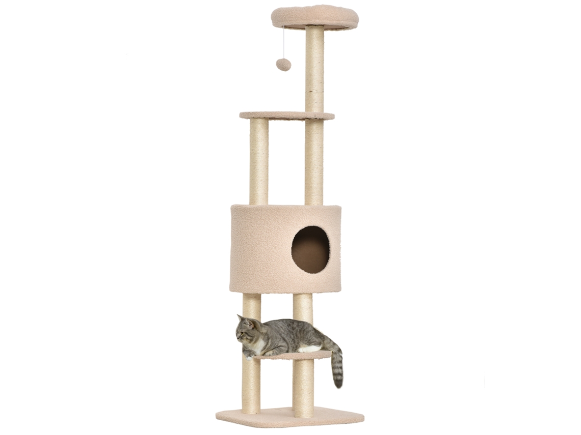 Arranhador , 148 Cm De Altura, Com Postes De Sisal, Plataformas, Casinha E Bola Pendurada, Bege.