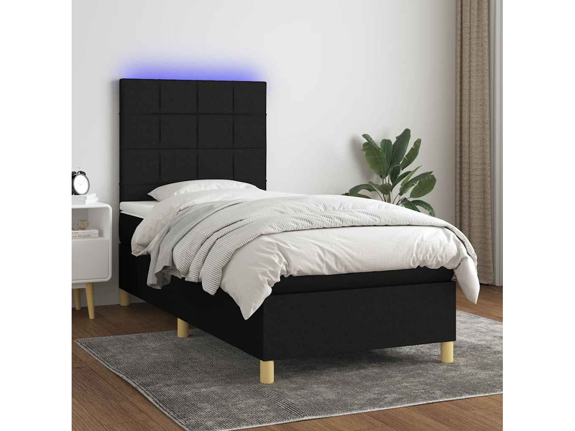 Vidaxl Cama Box Spring C/ Colchão E Led 90x190 Cm Tecido Preto