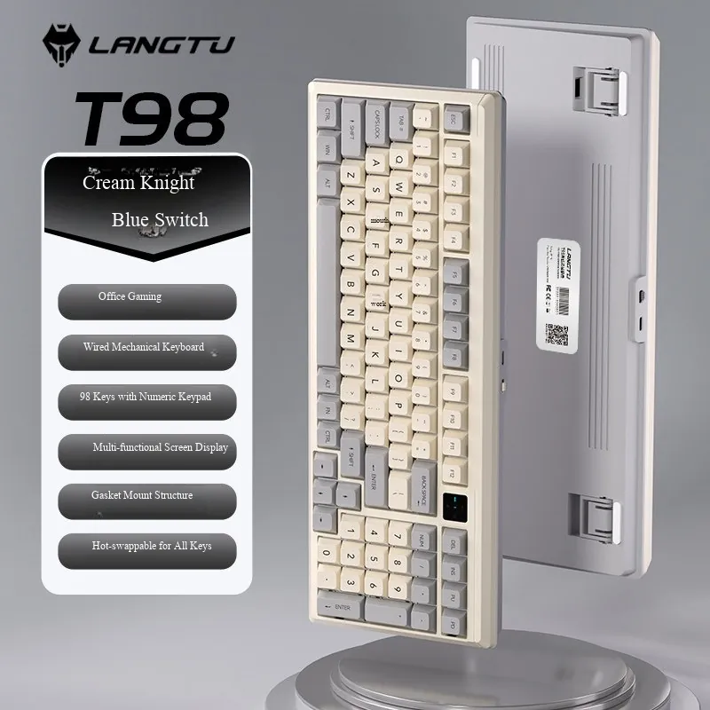 Teclado Mecânico T98 3 Modos - Teclas Azuis - Cream Knight - Conectado Com Luz Azul Gelada