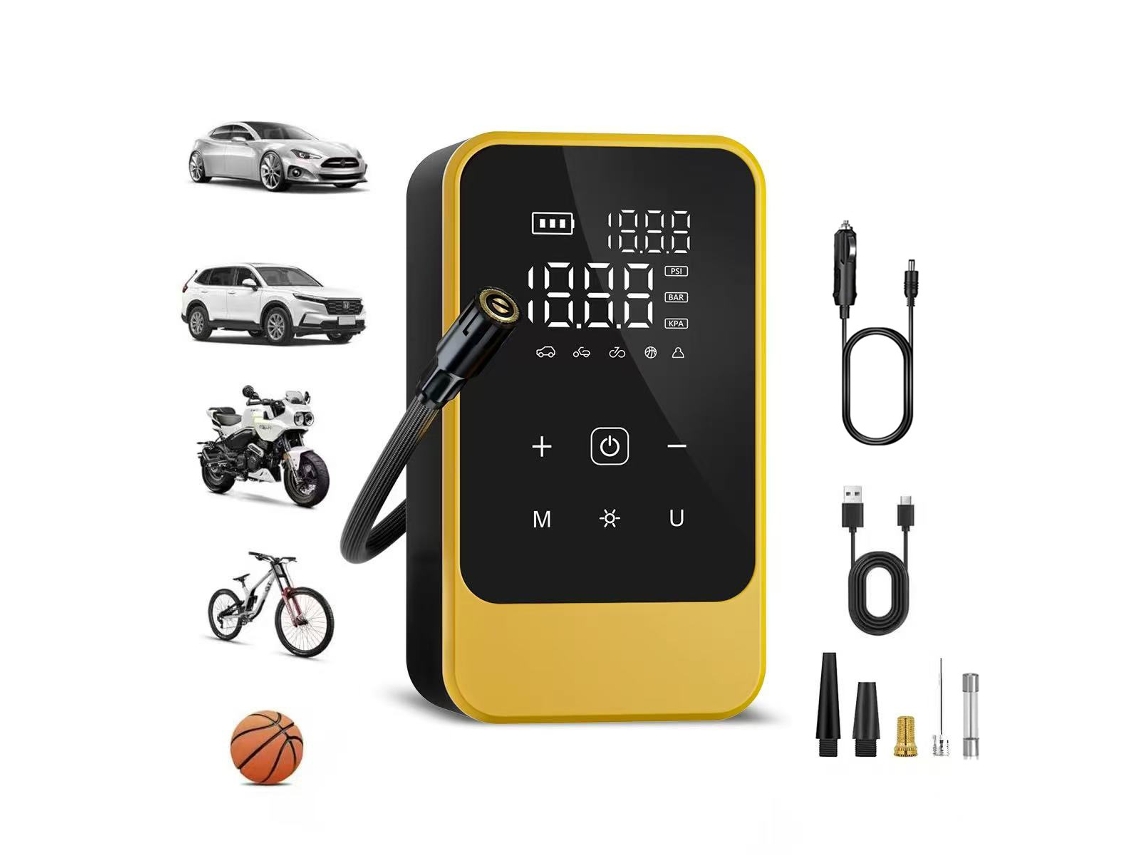 Inflador de pneus portátil sem fios recarregável com ecrã digital para carros, bicicletas, bolas, amarelo CZHHMART (com cabo para carro)