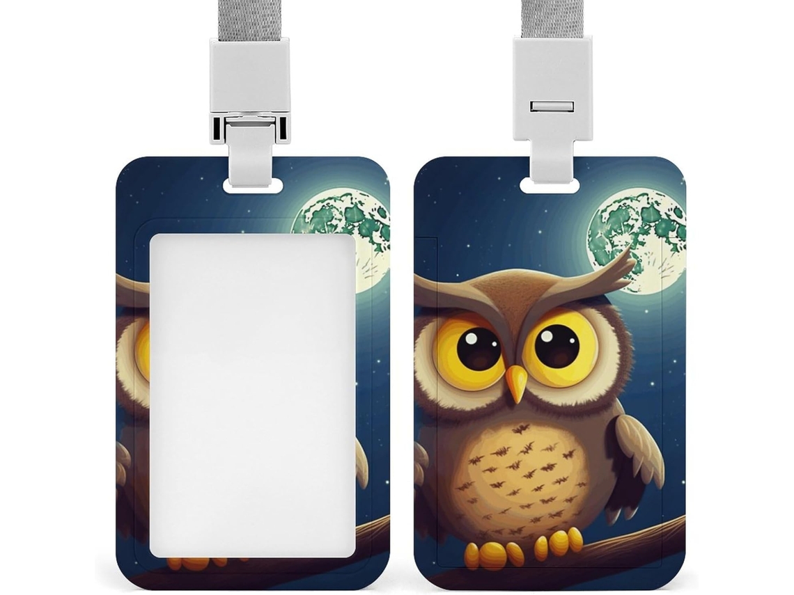 Porta Crachá Com Design De Coruja E Lua Amarela, Com Cordão E Proteção Impermeável Cartões, Ideal Escritório