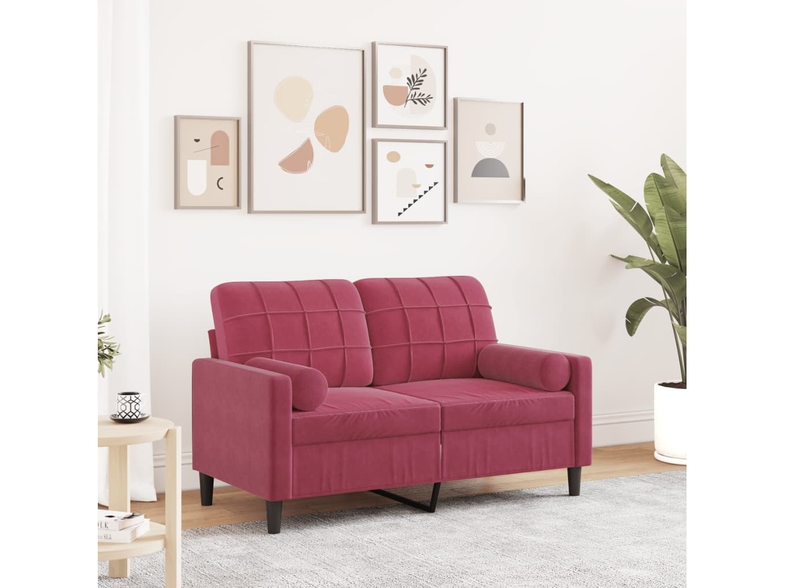 Vidaxl Sofá 2 Lug. + Almofadas Decorativas 120cm Veludo Vermelho Tinto