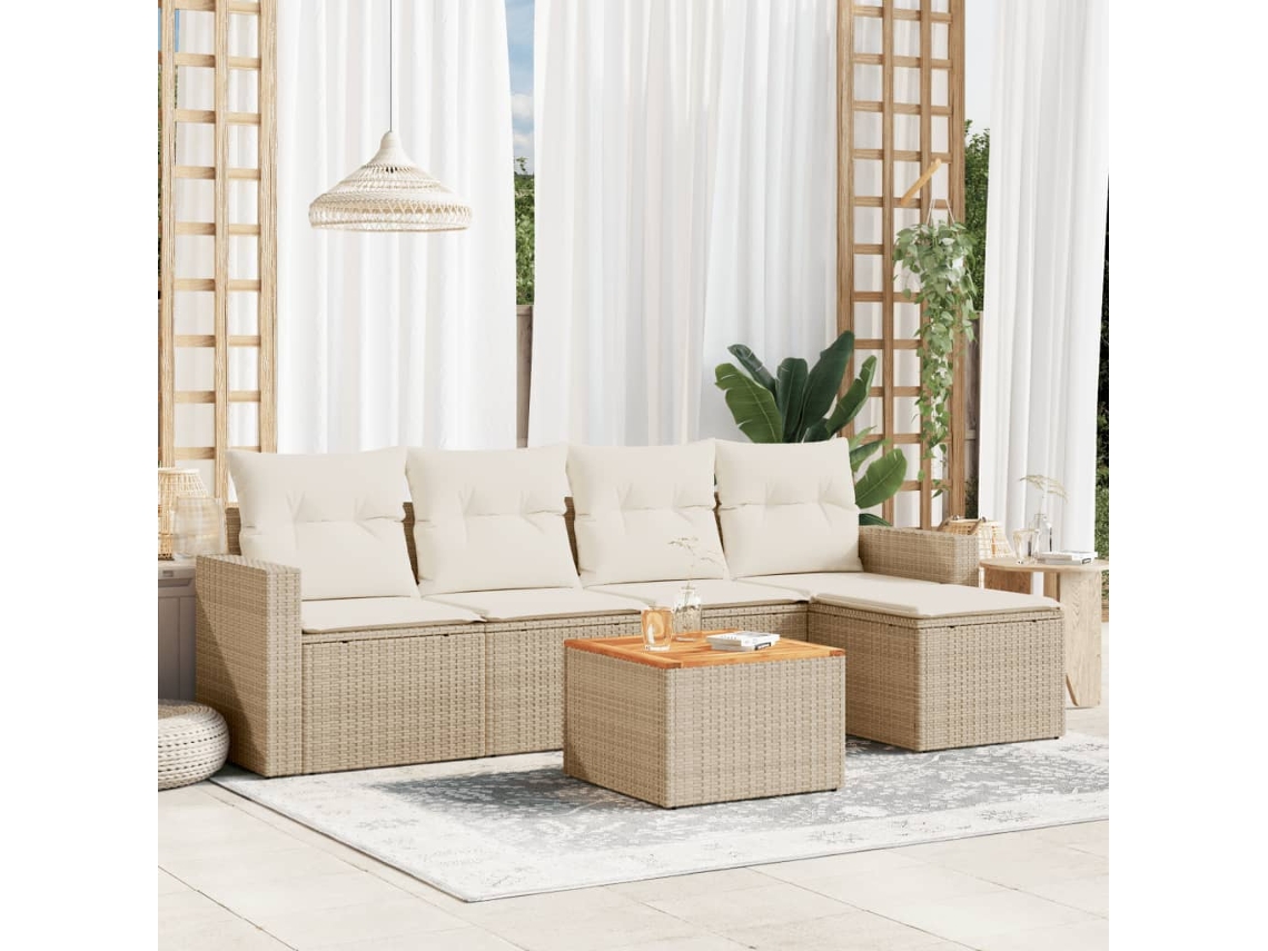 Vidaxl 6 Pcs Conjunto De Sofás P/ Jardim Com Almofadões Vime Pe Bege