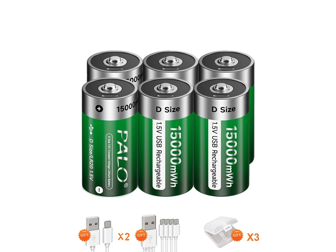 Bateria De Lítio Recarregável Tamanho D, Capacidade De 15000mwh, Cabo Usb Tipo C Incluso, 6pcs Bateria Tamanho D Oem