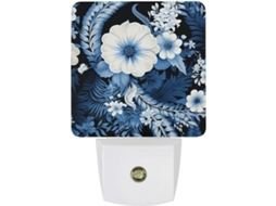 Luminária de parede LED noturna, com liberação automática, sensor crepuscular e estampa floral azul e branca.