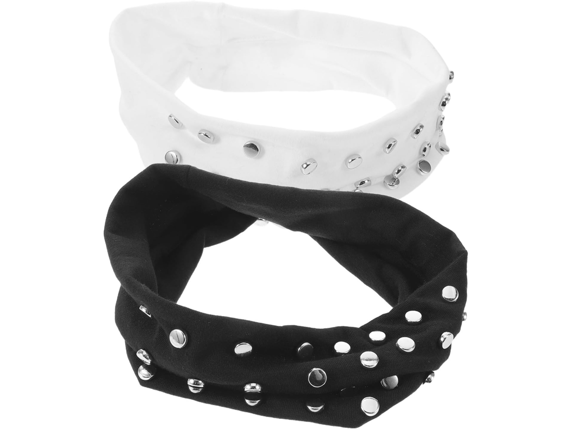 Conjunto De 2 Faixas De Cabelo Estilo Rock Com Rebites - Faixa De Cabelo Punk Elástica Em Poliéster Com Detalhes.
