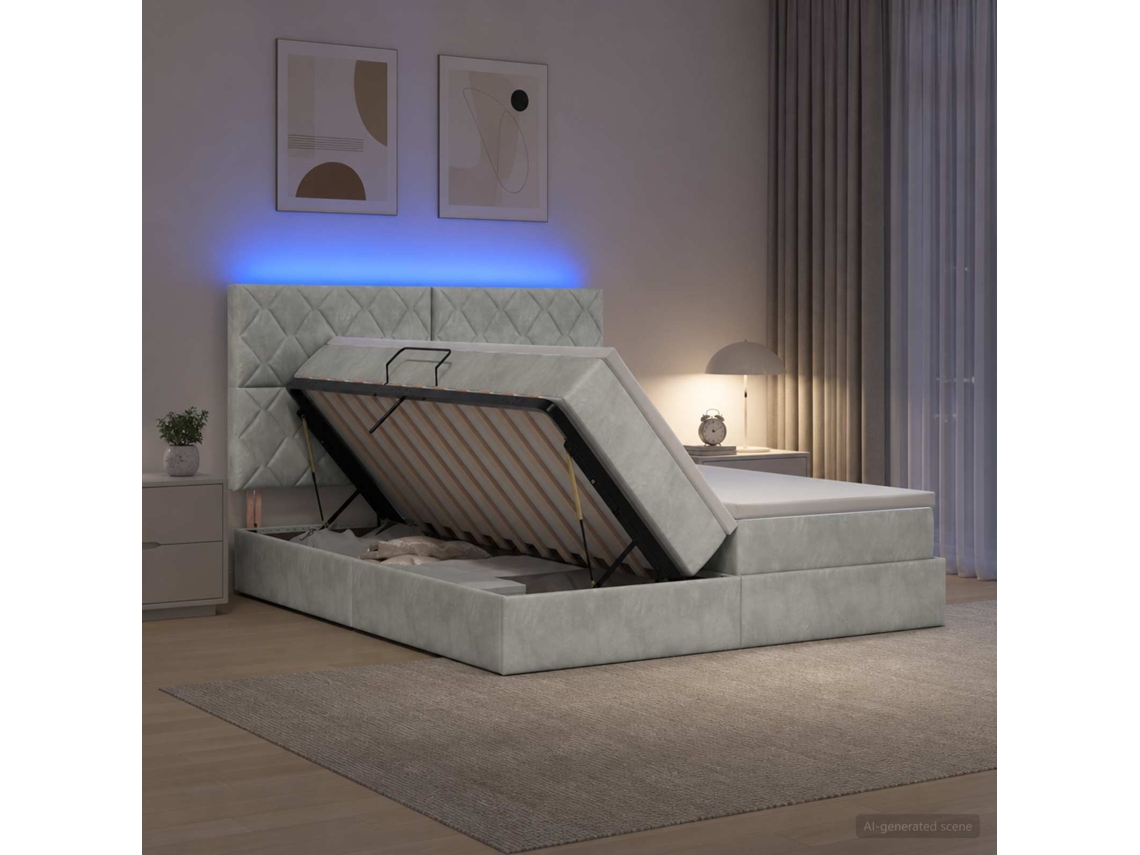 Vidaxl Cama De Armazenamento Led Com Colchão Cinzento-claro
