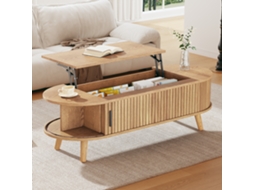 Couchtisch 120x50x39,5 Cm, Anhebbar Auf 53,5 Cm, Mit Verstecktem Stauraum, 5 Ablageflächen, Wohnzimmertisch, Original Holzfarbe