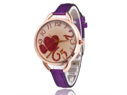 Relógio de quartzo com mostrador redondo e pulseira de couro, modelo Double Heart Gift, roxo.