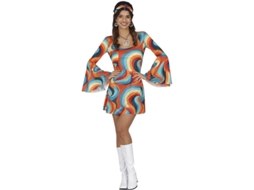 Fato multicolor cheio de curvas dos anos 70 para mulher