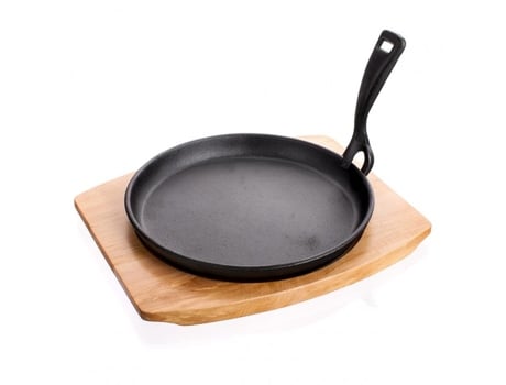 Prato Frigideira em Ferro Fundido Talher com Mesa de Banquete Madeira