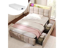 Cama Solteiro 90x200cm Com Colchão Usb Led E Gavetas Bege