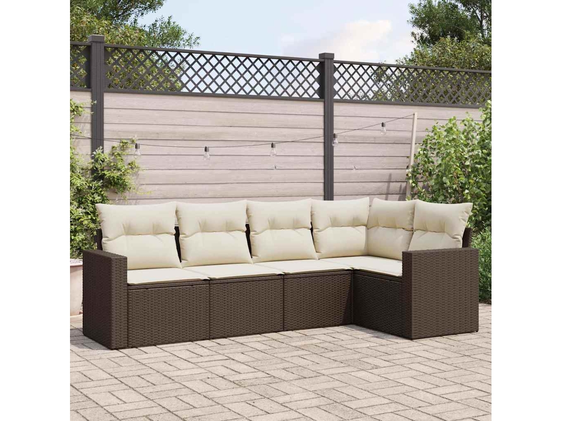 Vidaxl 5 Pcs Conjunto Sofás P/ Jardim C/ Almofadões Vime Pe Castanho