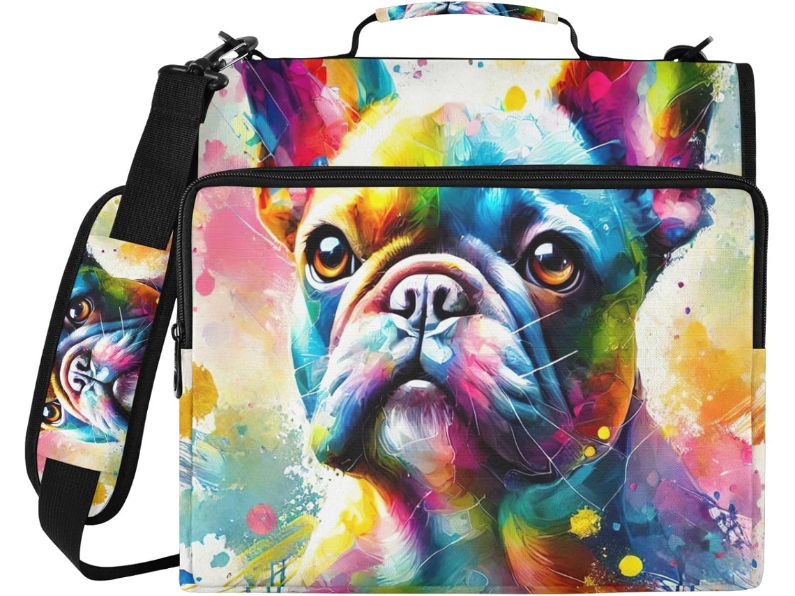 Organizador De Fichário 3 Argolas Com Estampa Bulldog Colorido, Branco, À Prova D Água, Com Compartimento Laptop E