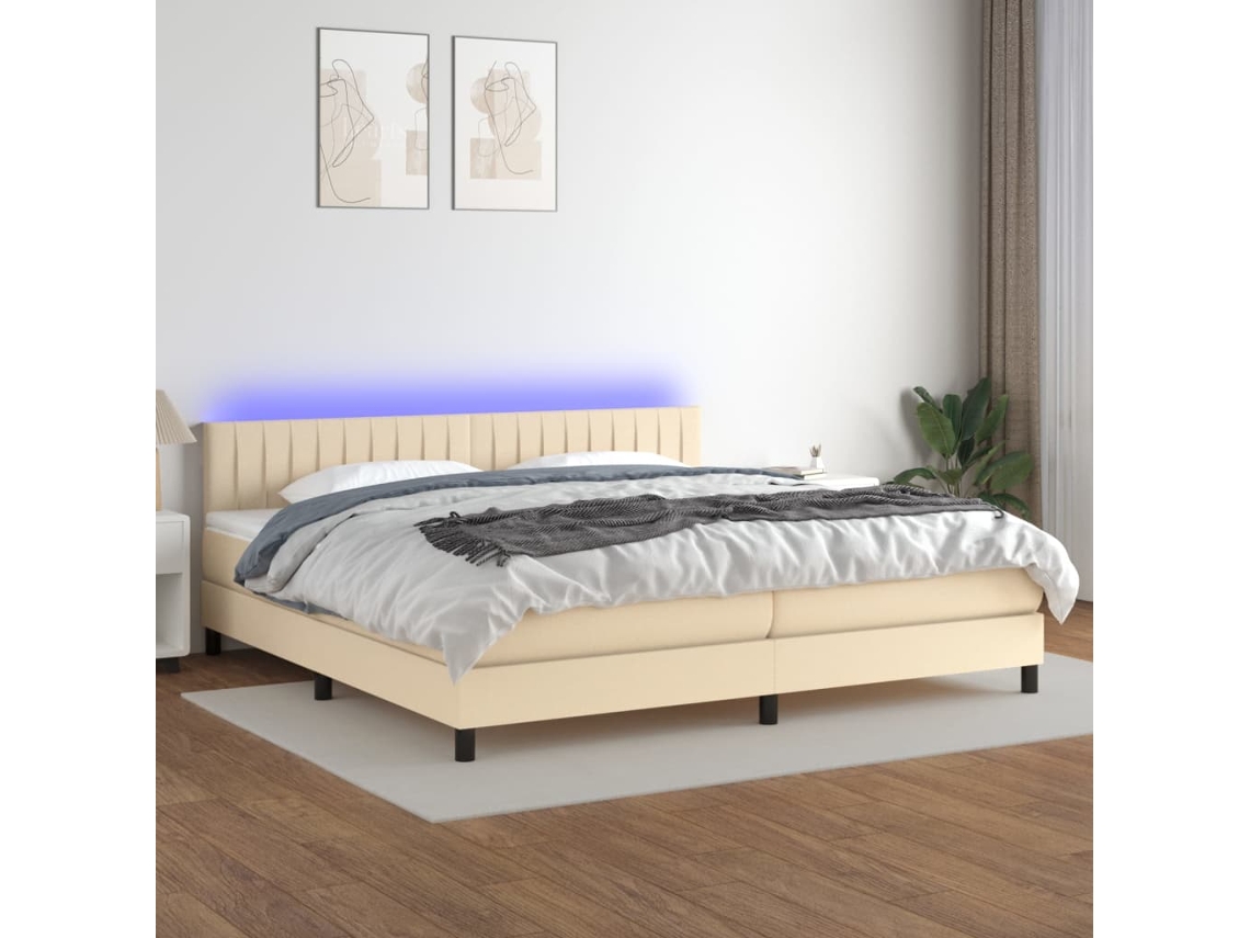 Vidaxl Cama Box Spring C/ Colchão E Led 200x200 Cm Tecido Cor Creme