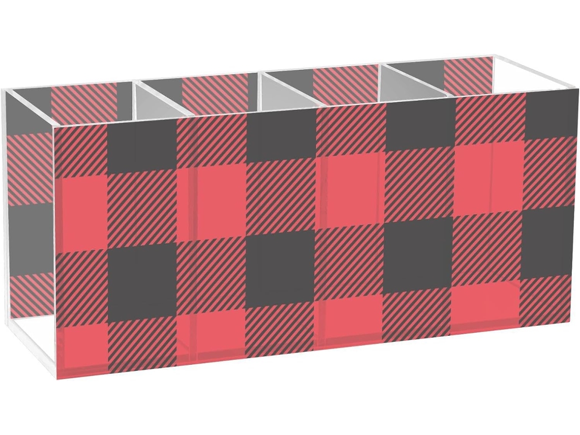 Estojo Acrílico Frodotgv, Vermelho e Preto, com Estampa Xadrez Abstrata, Acessório Escolar, Item Essencial Par