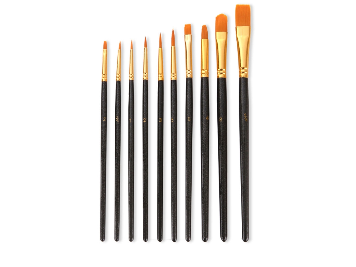 Conjunto De 10 Pincéis Mistos, Redondos E Planos, Em Nylon, Com Cabo Preto, Para Pintura Em Aquarela, Acrílico E Óleo.