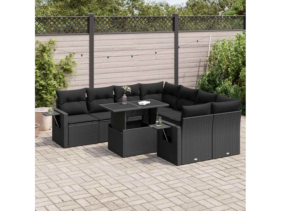 Vidaxl 9 Pcs Conjunto De Sofás P/ Jardim C/ Almofadões Vime Pe Preto