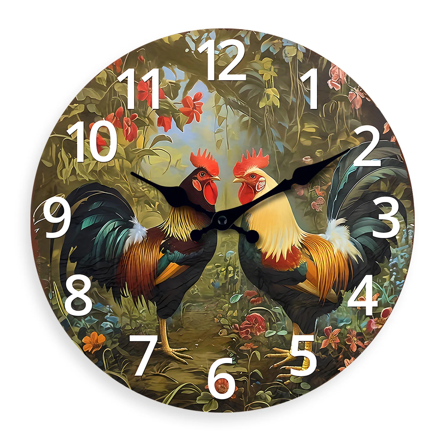Relógio De Parede De Madeira Estilo Fazenda Vintage (35,5 Cm) Com Galo E Estampa Floral, Silencioso E Com Mecanismo De Quartzo.